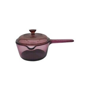 Vtg Corning Ware Vision Cranberry Glass 1L Sauce Pan Pot Teflon Bottom Pyrex Lid